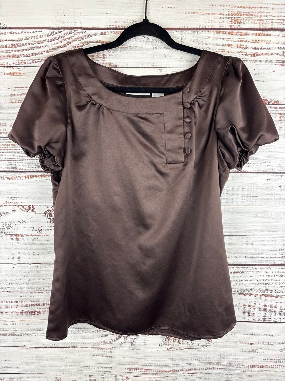 Y2k Worthington Chocolate Brown Satin Silky Short Sleeve Blouse Office Womens M